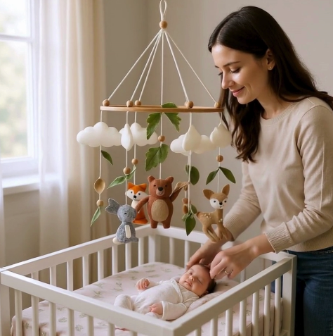 mobile-bebe-maman-caresse-nouveaux-né-sommeil-dans-lit