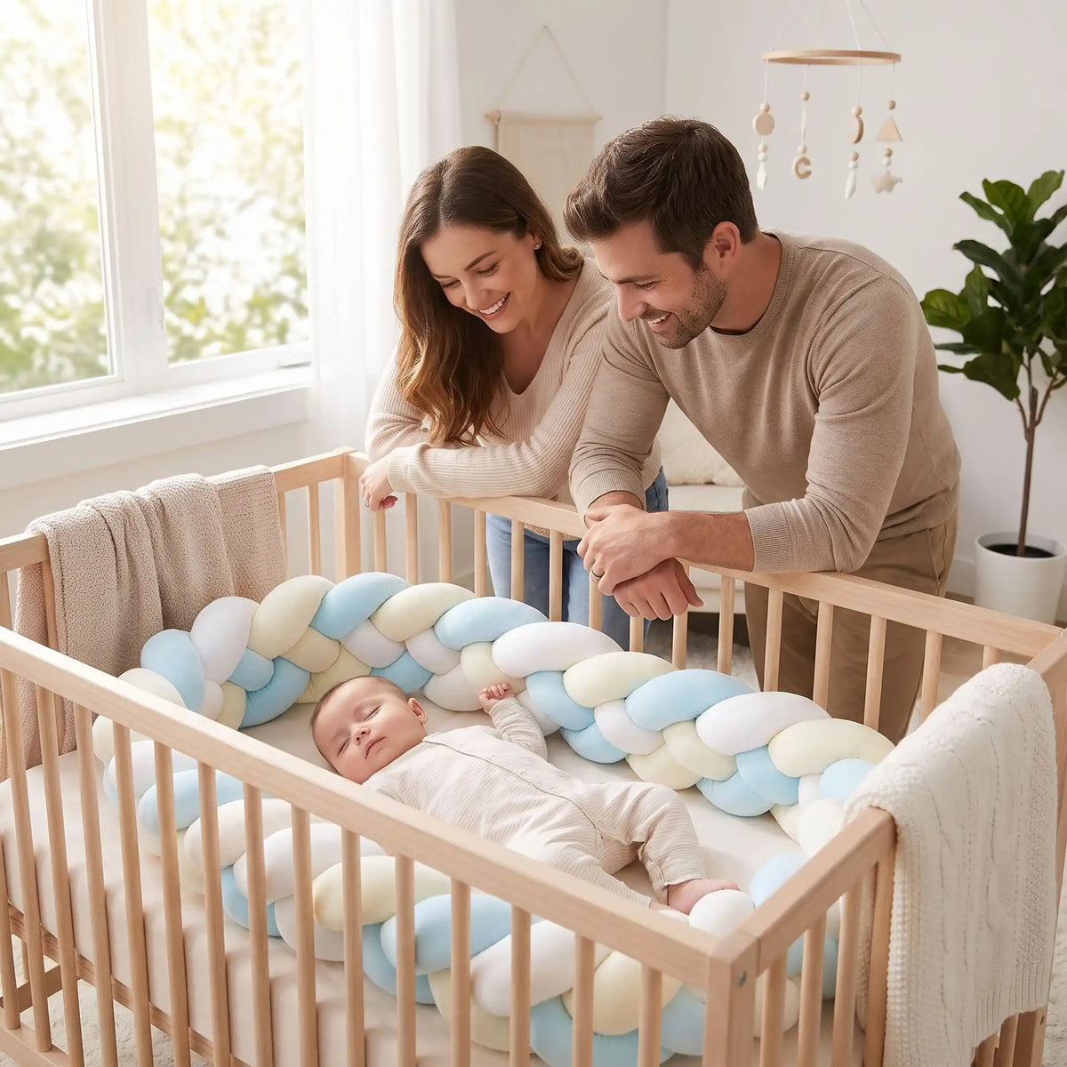 natte de lit bébé sommeil barreaux maman papa sourient