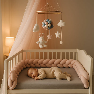 tresse-de-lit-bebe-barreaux-protection-pare-chocs-rose