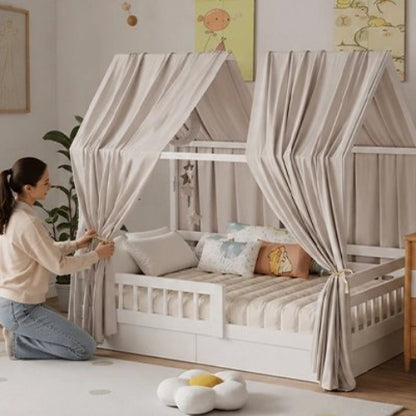 Ciel-de-lit-beige-maman-installe-chambre-enfant