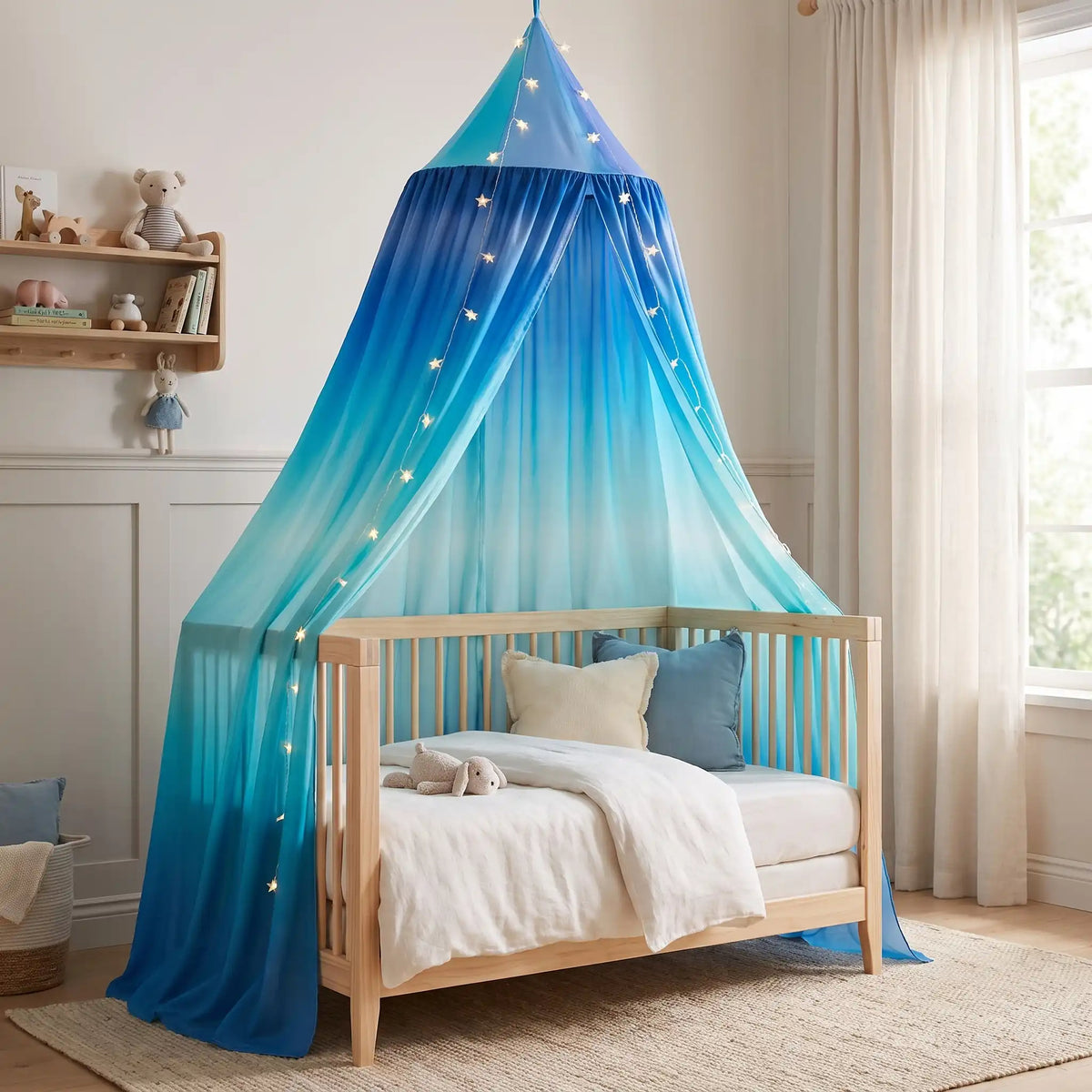 ciel de lit bleu lit à barreaux chambre enfant