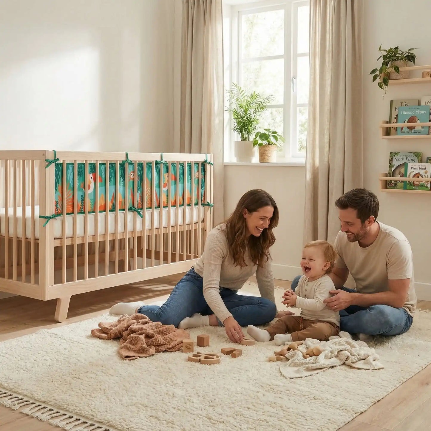 contour-de-lit-bébé-papa-maman-jouent-chambre