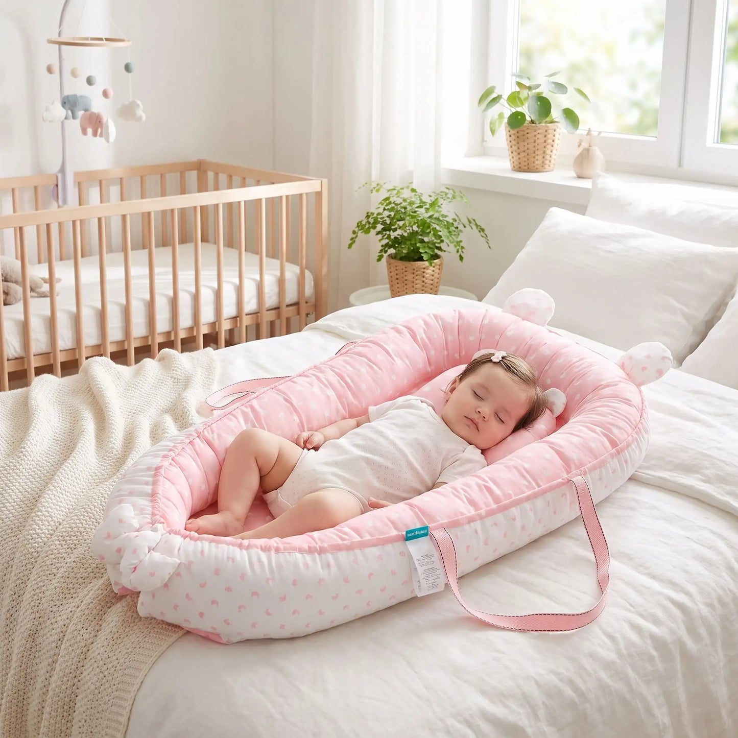 couffin bébé fille dort profondement dans reducteur sur lit adulte