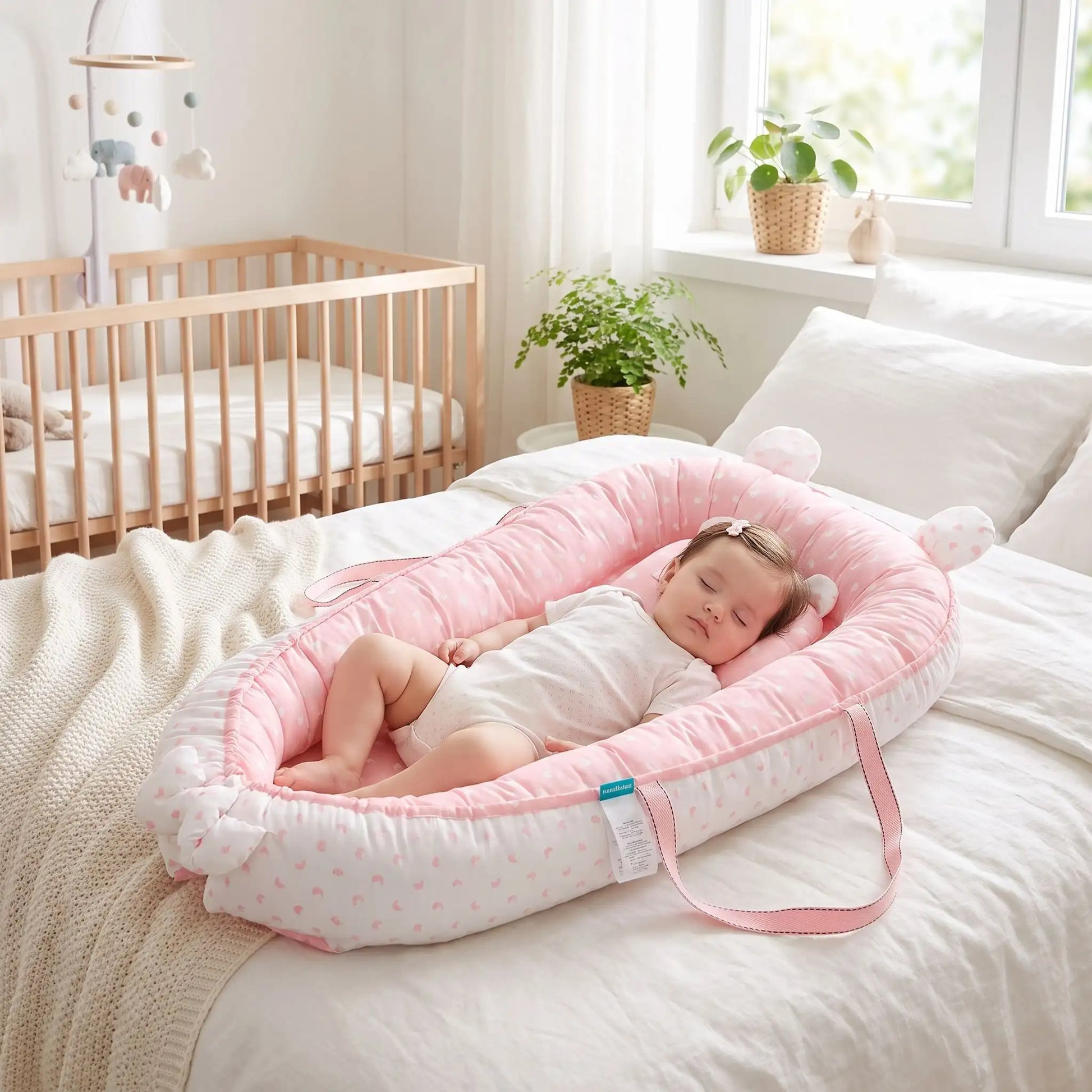 couffin bébé fille dort profondement dans reducteur sur lit adulte