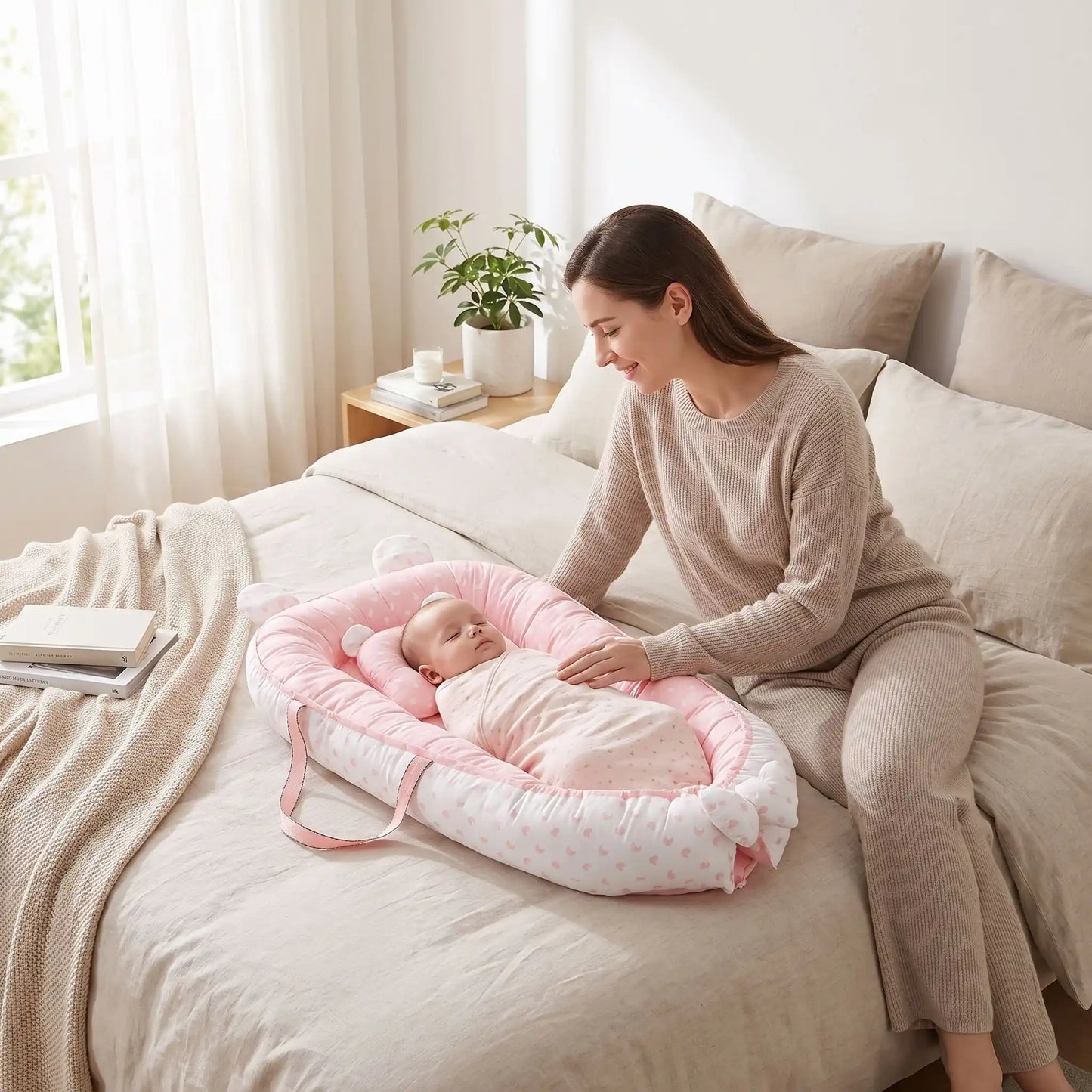 couffin bébé rose dans lit adulte maman allonge regarde enfant
