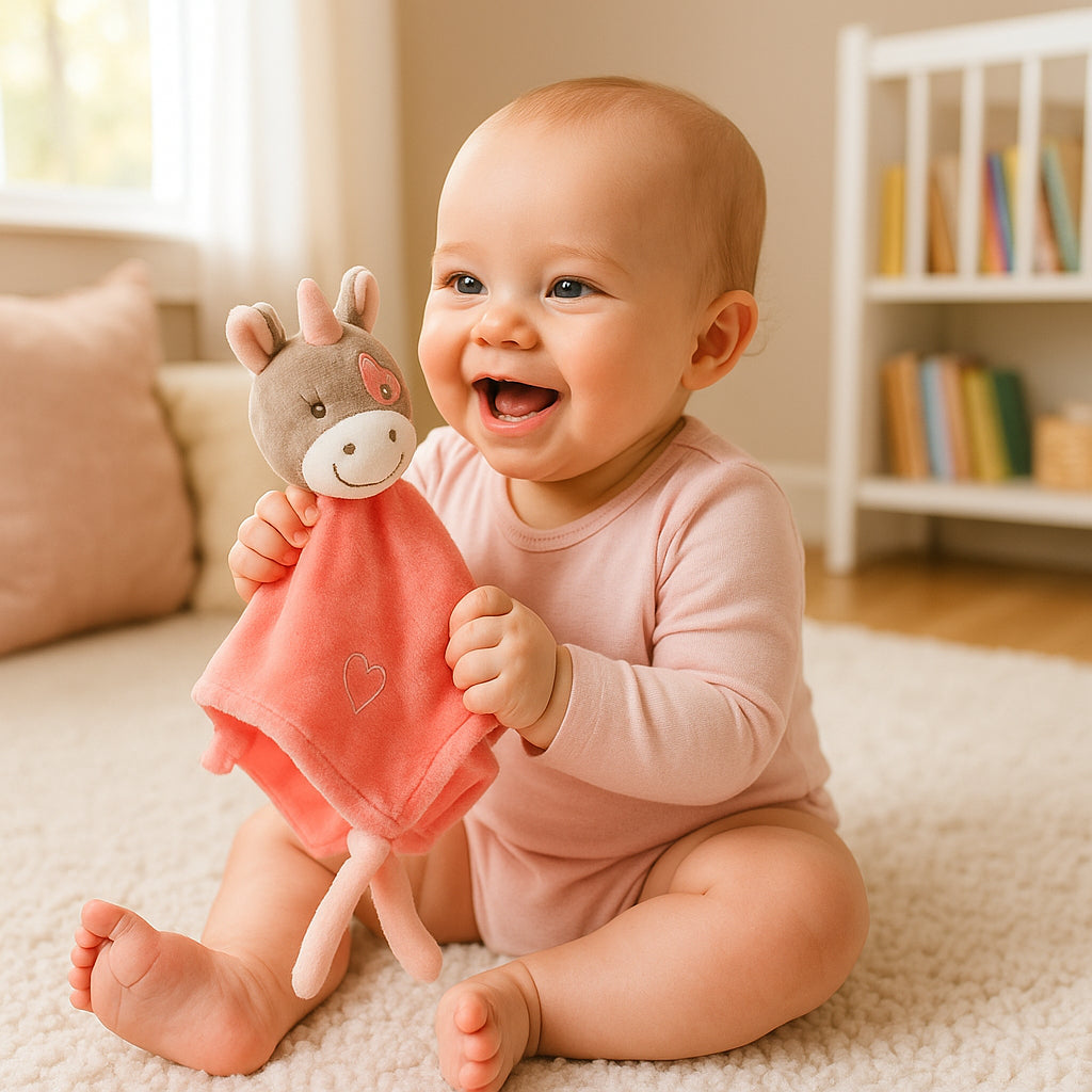 doudou-licorne-rose-bébé-éveil-sensoriel