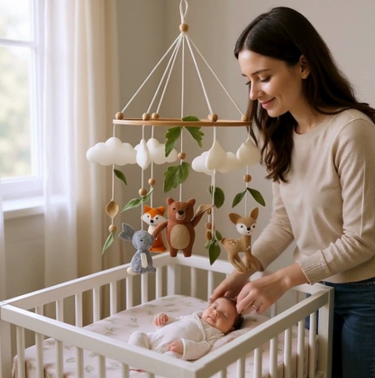 mobile-bebe-maman-caresse-nouveaux-né-sommeil-dans-lit