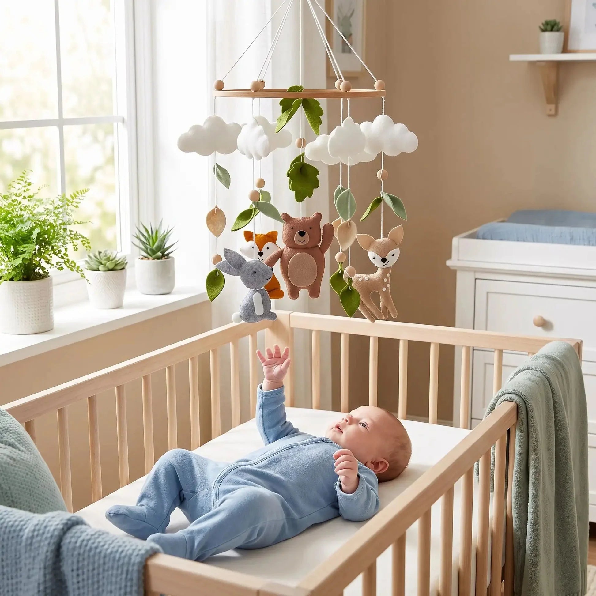 mobile-bebe-regarde-animaux-curiosité-dans-lit-chambre