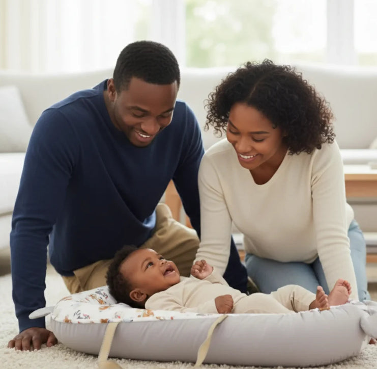 reducteur de lit maman papa regarde bébé allonge sourire