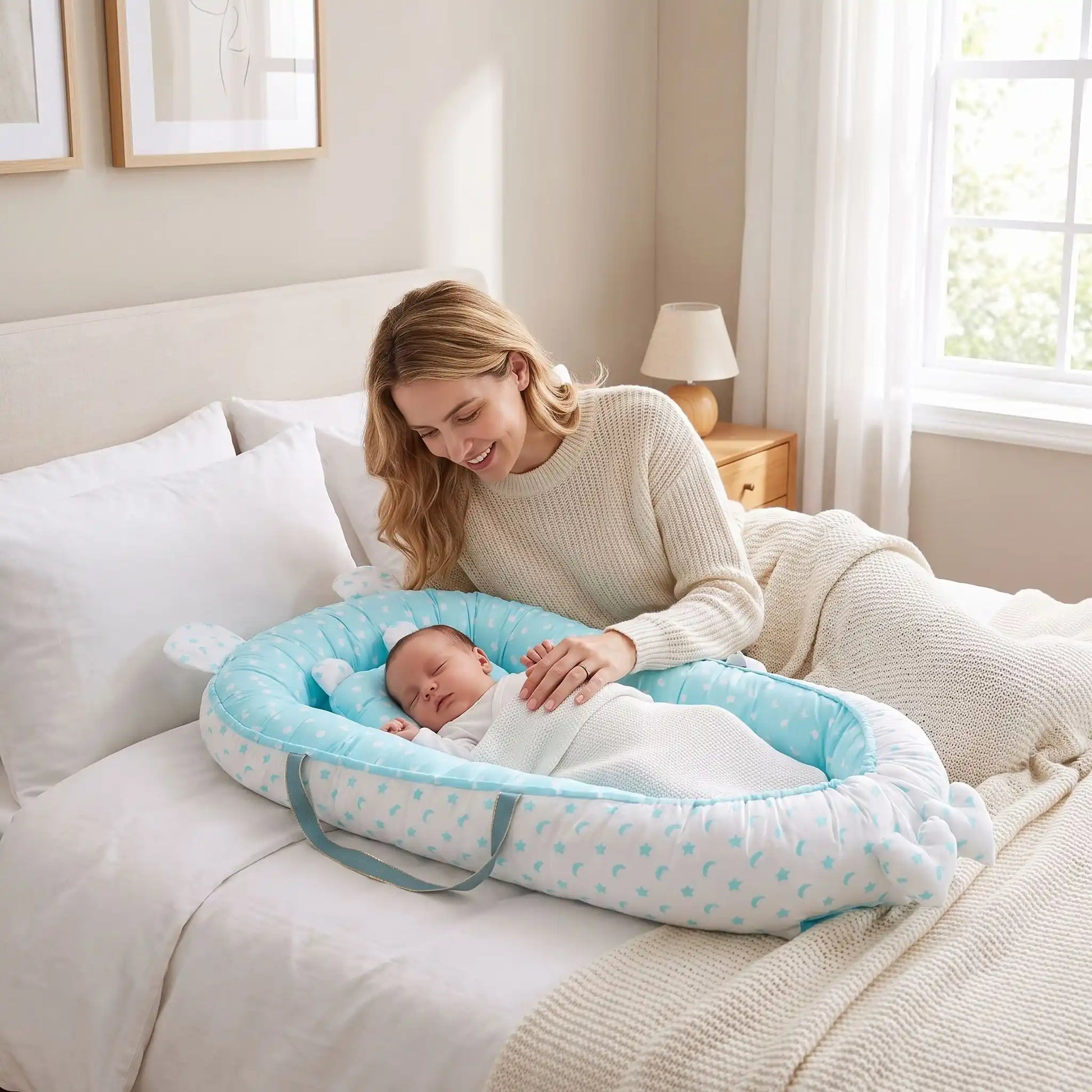 réducteur-de-lit-maman-regarde-bébé-dormir-sur-lit-d_adulte