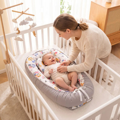 reducteur-de-lit-respirant-bébé-allongé-maman-joue-avec-enfant