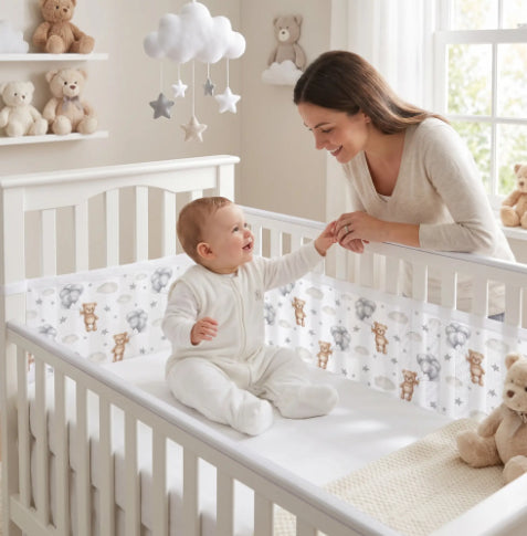 tour-de-lit-ourson-bébé-dans-lit-barreaux-maman-heureuse