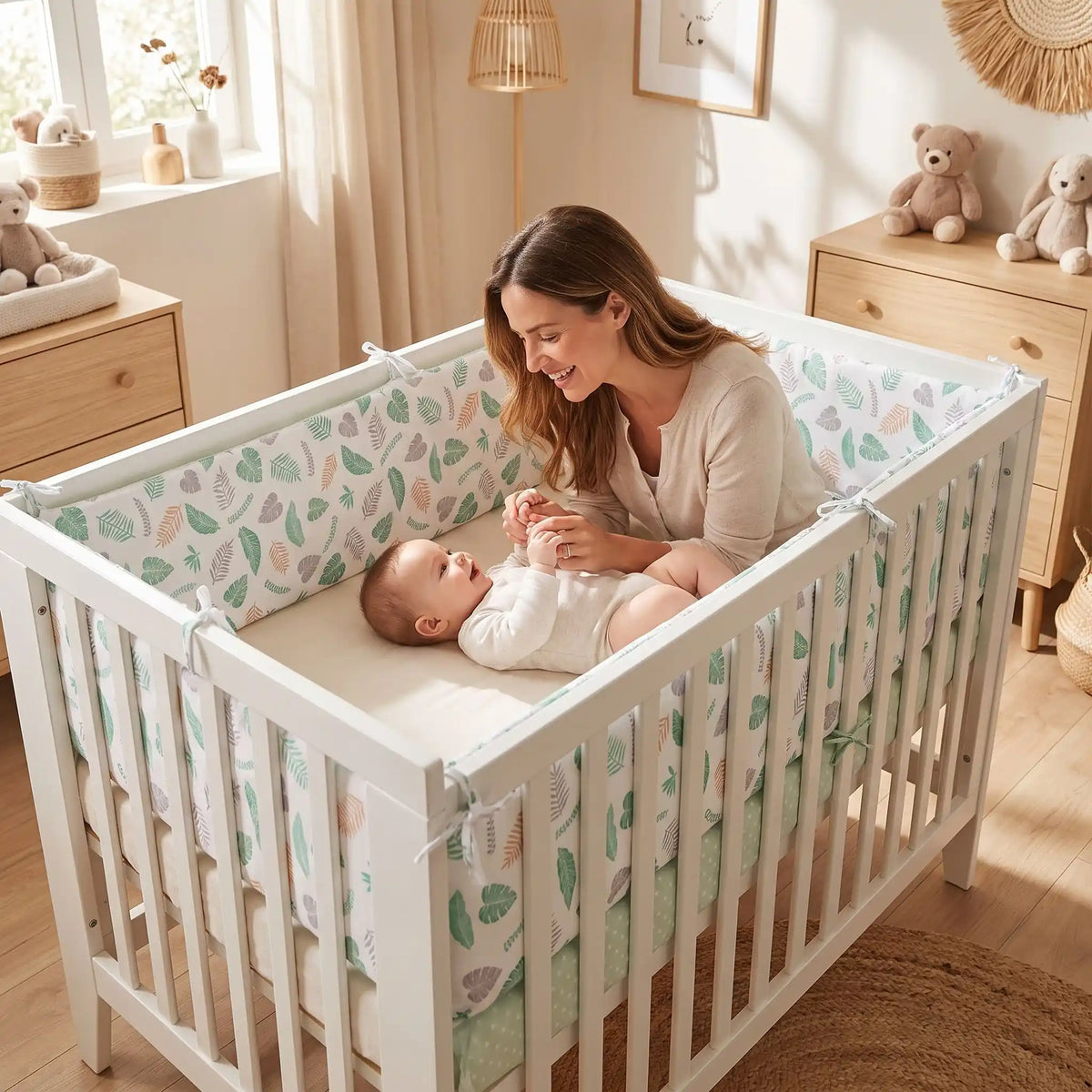 tour de lit vert maman bébé jouent lit barreaux