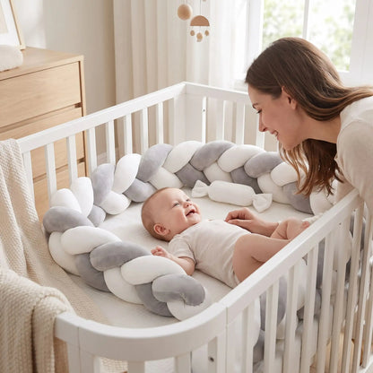 tresse de lit blanc gris bébé allonge maman sourie